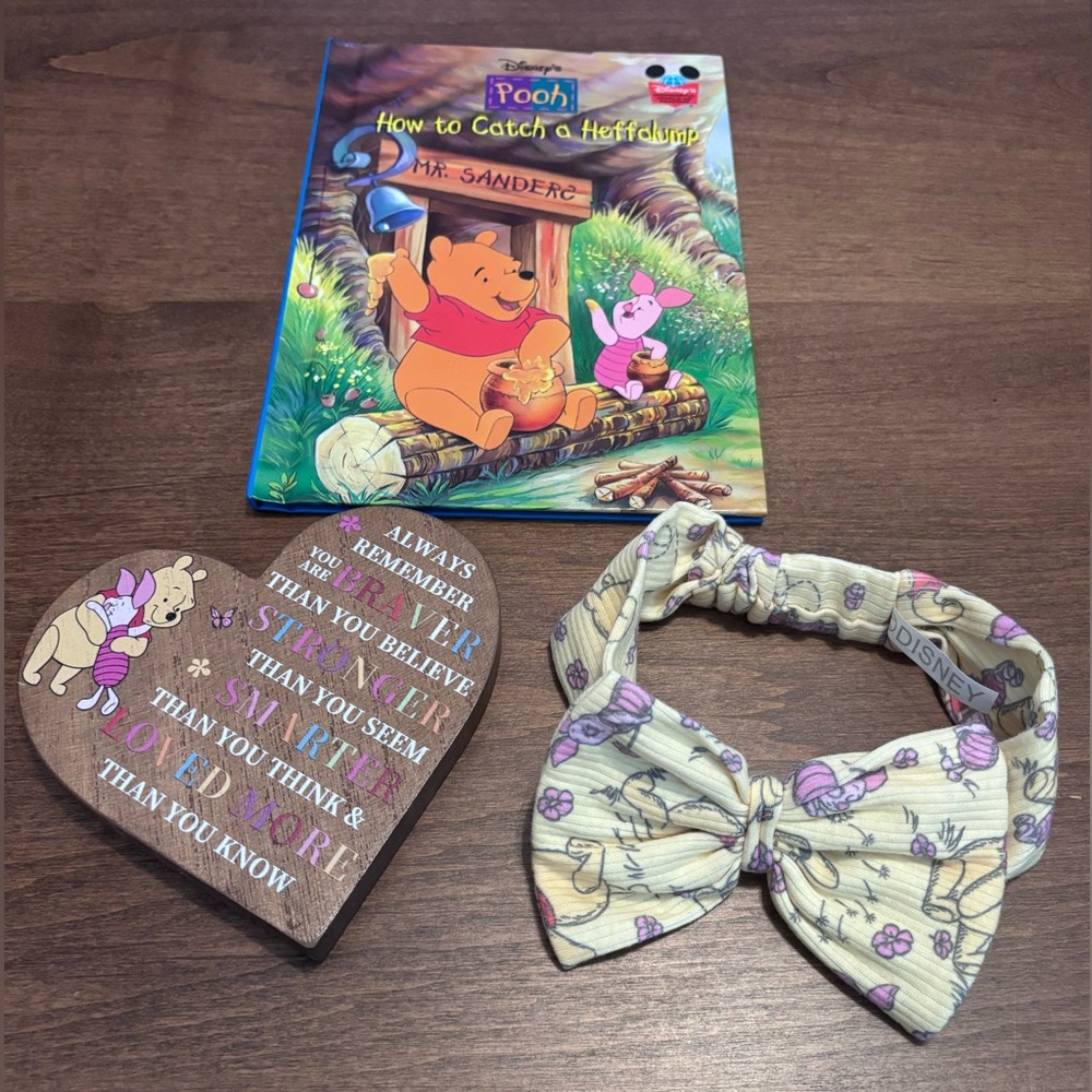 Winnie the Pooh Bundle-Disney Baby headband and book & wooden heart (not Disney)